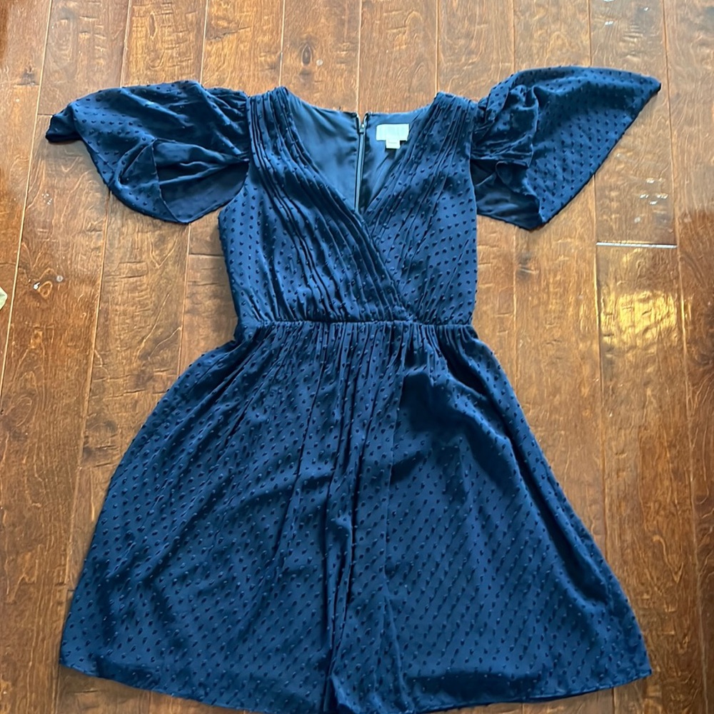 Swiss dot navy blue dress with Flounce sleeves